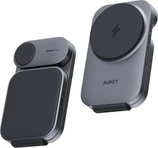 Aukey - MagFusion 3-in-1 Foldable Magnetic Wireless Charger (Qi 2.0, 30W,  Charging Plug) - Gray