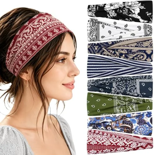 IVARYSS Boho Headbands for Women Non Slip, Stretchy Head Bands Hair Accessories,Wear for Yoga, Fashion, Working Out, Travel or Running, 8 Pack