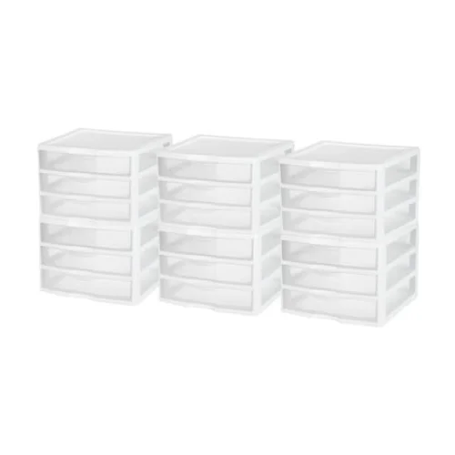 Sterilite Clear Plastic 3 Drawer Storage System - Stackable - 6 Pack