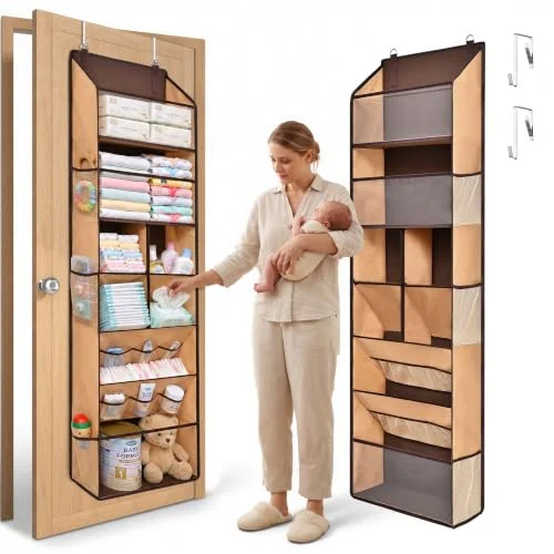 Ordovibe 6-in-1 Over Door Hanging Organizer with 12 Mesh Pockets, 44 lbs Capacity, Light Brown &ndash; Versatile Behind Door Storage for Baby Nursery, Newborn Essentials, Bedroom, Bathroom & Dorm