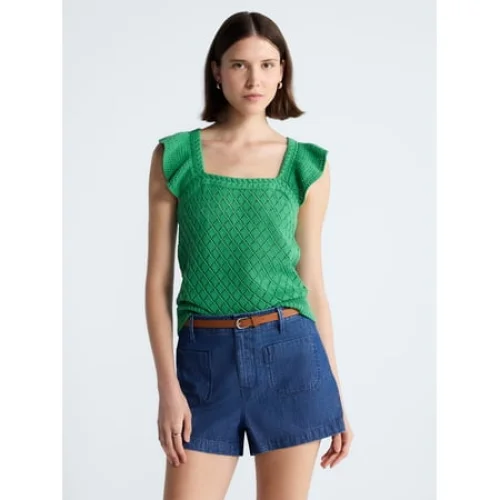 Free Assembly Women's and Women's Plus Square Neck Cotton Sweater with Flutter Sleeves, Sizes XS-4X