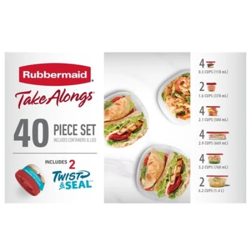 Rubbermaid TakeAlongs 40 Piece Food Storage Set, Red, Total of 12.6 Qts