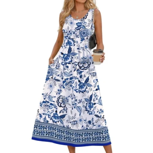 Fantaslook Summer Dresses for Women Sleeveless Casual Long Dress Beach Vacation Sundresses with Pockets