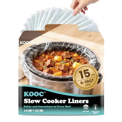 KOOC 15 Count Slow Cooker Liners, Fits 6&ndash;10 Qt Pots, 14" x 22" Large Size | Disposable Cooking Bags, Heat Resistant Up to 400&deg;F, Leakproof Design, Durable Nylon Blend, BPA Free, for Round & Oval Pots