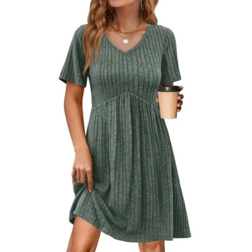 Fantaslook Short Sleeve Dresses for Women V Neck Summer Midi Dresses Empire Waist Tunic Casual Dress with Pockets