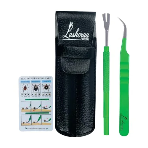 LASHORAA Tick Removal Tool Kit - Stainless Steel Tweezer & Tick Remover for Humans, Dogs, Cats & Other Pets- Dog Tick Remover Tools with Leather Case & Tick Identification Chart- Flea+Tick Removal Kit