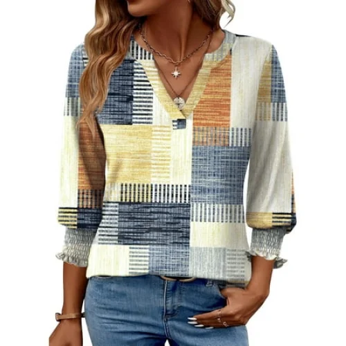 Fantaslook 3/4 Sleeve Womens Tops Dressy Casual Blouses V Neck Work Shirts Trendy Tops with Smocked Cuffs