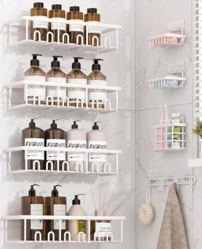 Zeawec 8 Pack Adhesive Rustproof Shower Caddy with Soap Dishes, Toothbrush Holder & Hooks, Large Capacity No-Drilling Shower Shelves Rack for Bathroom Organizers and Storage Accessories, White