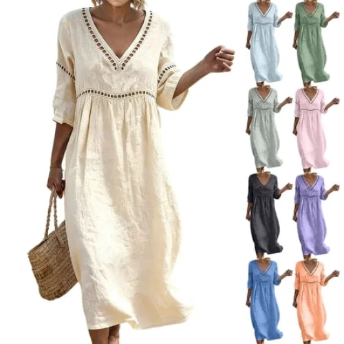 Axiiglly Summer Dresses for Women 2026 Cotton Linen V Neck Half Sleeve Beach Boho Eyelet Lace Trim Flowy Maxi Sundresses, S-3XL