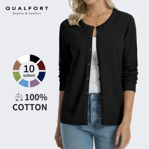 QUALFORT Women's 100% Cotton Lightweight Button-Front Cardigan Sweater, Crew Neck Long Sleeve Knit, Black L