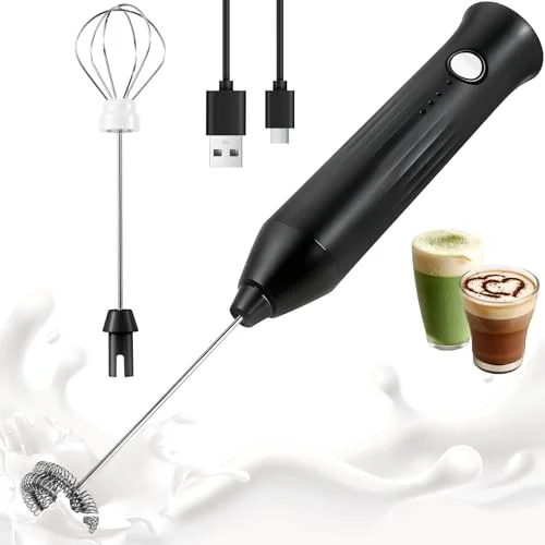 XSBAIHUO Milk Frother Handheld Rechargeable, Frother Wand Drink Mixer Electric Whisk for Coffee, Detachable With 2 Stainless Whisks, Hand Mixer for Lattes, Matcha, Egg, Kitchen Gifts(Black)
