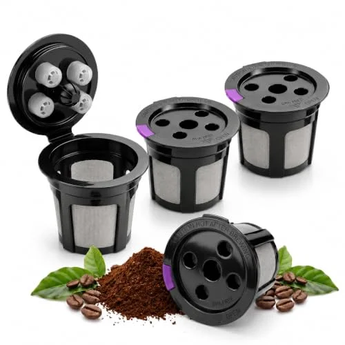 Basinsuk Reusable K Cups for Keurig Supreme Plus/K-Slim/K-Duo, 4 Pack 5-Hole Refillable Coffee Pods for MultiStream Brewers, Black Coffee Filters with Stainless Steel Mesh