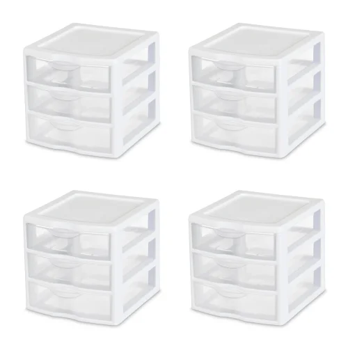 Sterilite 3 Drawer Storage Organizer Unit - Stackable Plastic - 4 Pack