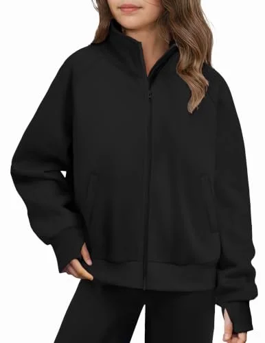 Arshiner Girls Zip Up Jacket Full-zip Fleece Sweater Black Kids Fall Fashion Outfits Winter Clothes Size 10-12