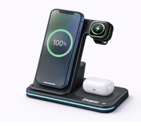 Energizer - 3-in-1 15W Foldable Qi Certified Wireless Fast 15W Charger, Charging Station/Stand for iPhone + AirPods + Apple Watch - Black