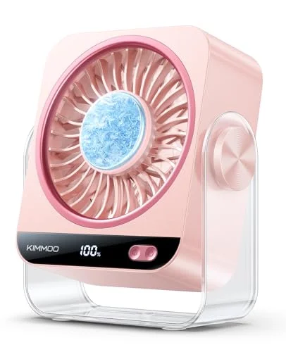KIMMOO USB Desk Fan for Bedroom, 199 Speeds Turbo Airflow, Portable Fan with Ice Cooling, Digital Display Quiet Table Fan, 270&deg; Rotating Small Rechargeable Battery Desktop Fans for Home Office (Pink)