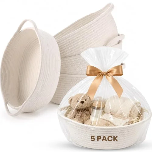 5 Packs Gift Baskets Empty, Small Woven Basket for Gifts,5 Bag & 15 Ribbons