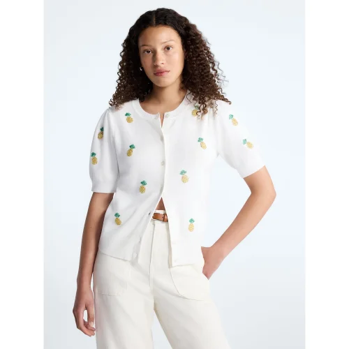 Free Assembly Women's and Women's Plus Beaded Cardigan Sweater with Short Puff Sleeves, Lightweight, Sizes XS-4X
