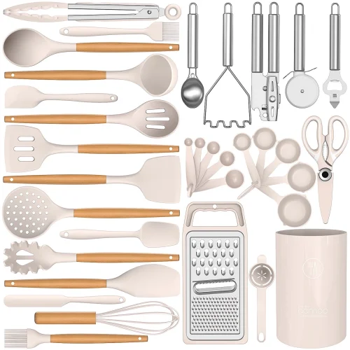 35 Silicone Cooking Utensils Set - 446&deg;F Heat Resistant Silicone Kitchen Utensils for Cooking, Kitchen Utensil Spatula Set w Wooden Handles and Holder, BPA FREE Gadgets for Non-Stick Cookware (Khaki)