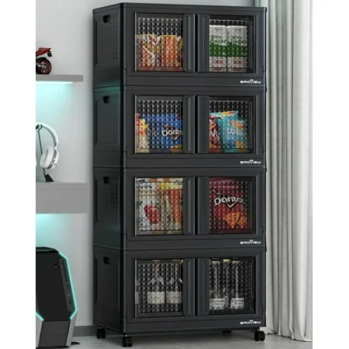 BROVIEW 320Qt Storage Bins with Lids, 80Gal Plastic Stackable Storage Bins with Doors, Wheels, Collapsible Closet Organizers and Storage, Foldable Box Cabinet for Home Office Garage, 4Pack Black