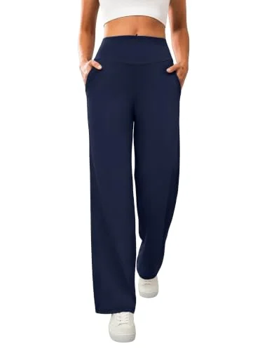 DLOODA Womens Wide Leg Yoga Pants High Waisted Trousers with Pockets Navy