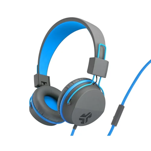 JLab JBuddies Studio On-Ear Kids Wired Headphones, Grey/Blue, Studio Volume Safe, Volume Limiter, Folding, Adjustable, Noise Isolation, with Mic