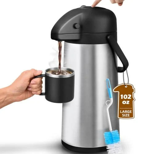 Nalife Coffee Carafe for Keeping Hot, 102oz/3L Airpot Coffee Dispenser with Pump, Large Capacity Stainless Steel Cocoa Beverage Dispenser, Thermal Carafe for Hot/Cold Drink Water Tea Chocolate Parties