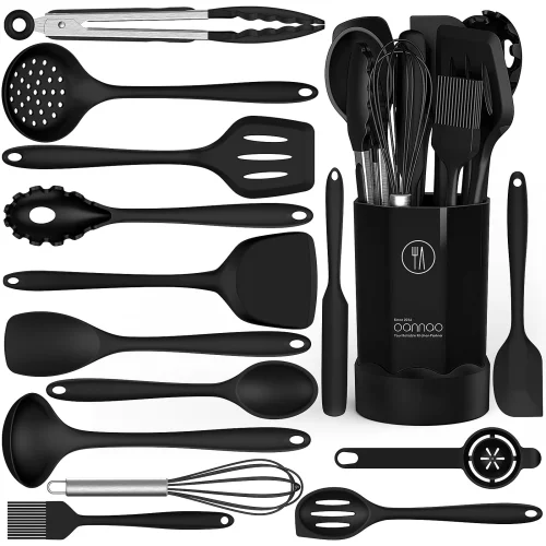 Black Silicone Cooking Utensils Set - 446&deg;F Heat Resistant Kitchen Utensils,Turner Tongs,Spatula,Spoon,Brush,Whisk,Kitchen Utensil Gadgets Tools Set for Nonstick Cookware,Dishwasher Safe (BPA Free)