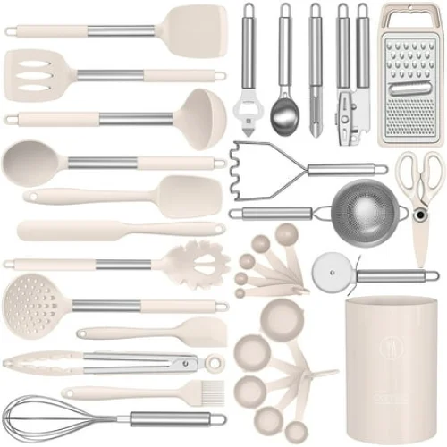 Silicone Cooking Utensils Set - Heat Resistant Silicone Kitchen Utensils for Cooking, Kitchen Utensil Spatula Set,BPA FREE Kitchen Gadgets Tools for Non-Stick Cookware Dishwasher Safe (Khaki)