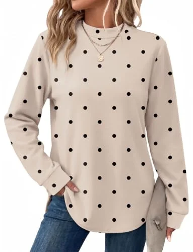 OFEEFAN Polka Dot Top Mock Neck Sweatshirt for Women Long Sleeve Tunic Fall Outfits Fashion Clothing L