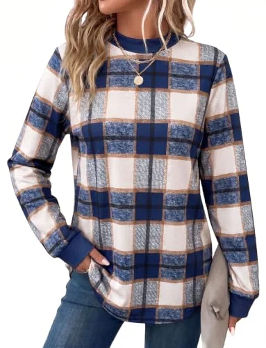 OFEEFAN Plaid Shirts for Women Mock Neck Sweatshirt Long Sleeve Tops Fall Outfits Fashion Clothing Blue XL