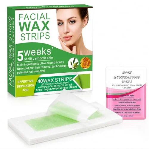 Facial Wax Strips for Women &ndash; 98% Natural Cold Wax Strips for Face & Eyebrows, Gentle Hair Removal for Upper Lip, Chin & Peach Fuzz, Hypoallergenic for Sensitive Skin, 40 Strips + 4 Wipes