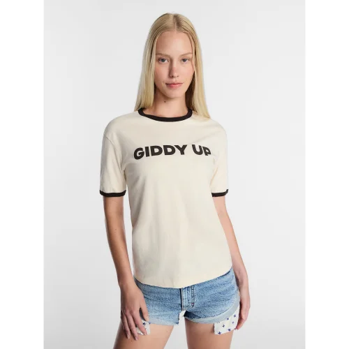 Kacey Lee Women's Giddy Up Graphic Ringer Tee with Short Sleeves, Sizes XXS-XXL