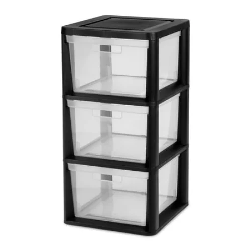 Sterilite 3 Drawer Tower, Plastic Storage Organizer with Removable Clear Bins, Easy Assembly, No Tools Needed, Black
