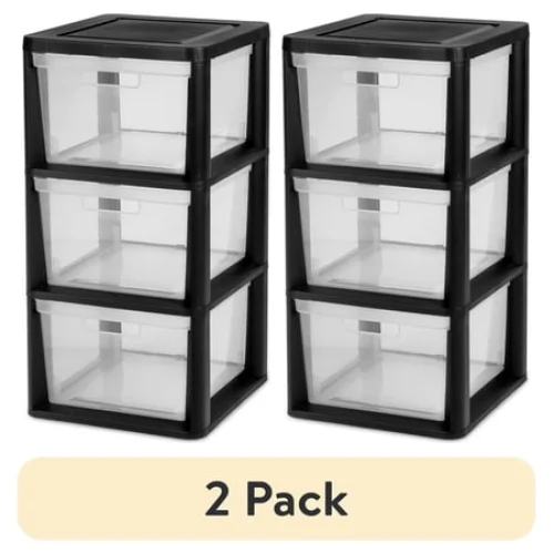 (2 pack) Sterilite 3 Drawer Tower, Plastic Storage Organizer with Removable Clear Bins, Easy Assembly, No Tools Needed, Black
