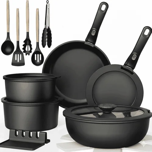 NULAS 21 Piece Pots and Pans Set Non Stick, Stackable RV Kitchen Cooking Set , Cookware Set with Detachable Handle, Dishwasher Safe, Oven Safe, Black