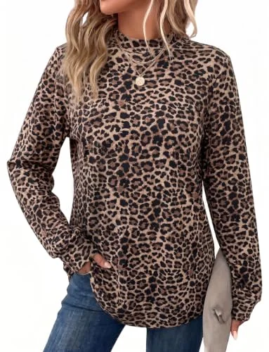OFEEFAN Cheetah Print Tops Mock Neck Sweatshirt for Women Long Sleeve Tunic Fall Outfits Fashion Clothing Leopard L