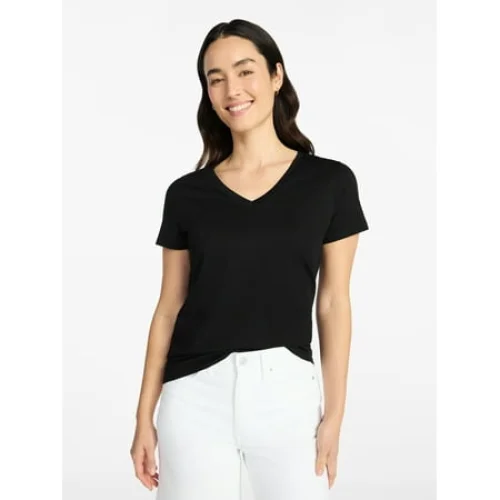 Time and Tru Women's Cotton V-Neck Tee with Short Sleeves, Sizes XS-4X