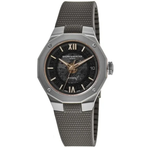 New Baume & Mercier Riviera Smokey Grey Dial Rubber Strap Men's Watch 10720