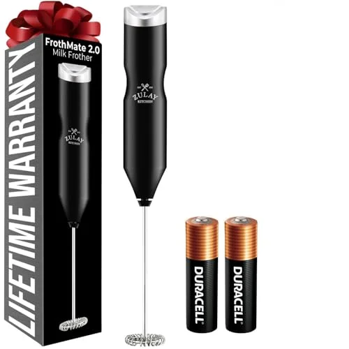 Zulay Kitchen Powerful Frother Wand AA Batteries Included, Ultra Fast Handheld Drink Mixer, Comfort Milk Frother, Stainless Steel Whisker, Frother Handheld for Coffee, Protein & Matcha - Frothmate 2.0