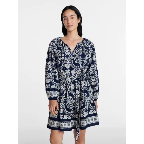 Time and Tru Women's Tie Neck Mini Peasant Dress, Sizes XS &ndash; 4X