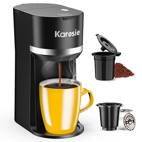 Karosie Single Serve Coffee Maker for Coffee Pods and Grounds,Fast Brew,6-12 oz Brew Sizes Single Cup Coffee Maker Fits 5.5" Mugs,One-Button Small Coffee Maker,Descaling Reminder,Black,9.45 Inches