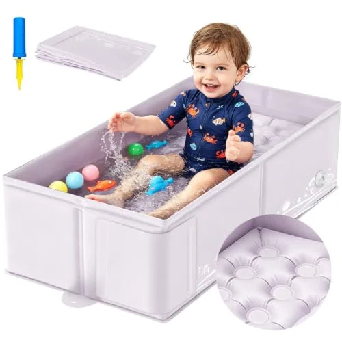 Collapsible Baby Bathtub for Babies & Toddlers, Foldable Portable Baby Tub with Inflatable Cushion Bottom, Non Slip Design PVC Bath Tub for Travel, Shower & Small Bathroom, Grey