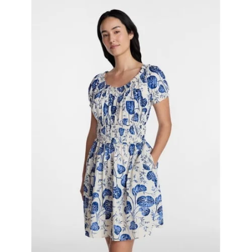 Time and Tru Women's Cotton Peasant Mini Dress With Puff Sleeves, Sizes XS-4X