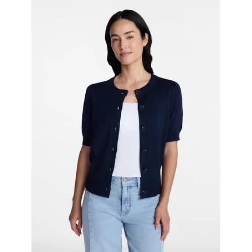 Time and Tru Woman's Crew Cardigan with Short Sleeves, Sizes XS-XXXL