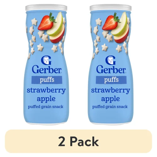 (2 pack) Gerber Baby Feeding, Baby Snacks, Grain & Grow Puffs, Strawberry Apple, Clean Label Project, 1.48 oz Canister