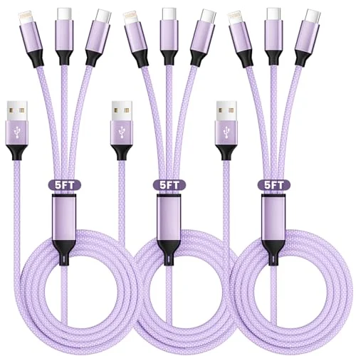 Multi Charging Cable with 2 Type-C/IP Ports, 3Pcs 5FT USB C Splitter Cable