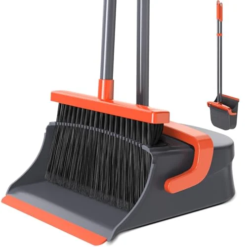 Zeawec Broom with Dustpan Set for Pet Hair & Dust Cleanup, Orange & Gray