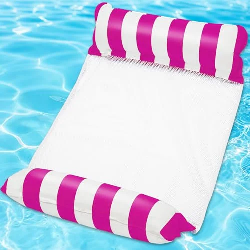 Inflatable Pool Float Hammock for Adults &ndash; 4-in-1 Floating Water Lounger with Headrest & Footrest &ndash; Portable Mesh Floatie for Pool, Beach, Lake &ndash; Rose & White Striped Water Hammock Chair