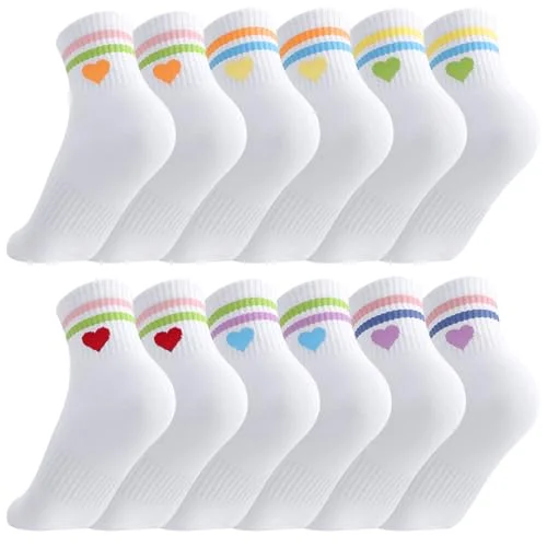 scenicamp Kids Girls Crew Socks Cotton Athletic Socks with Stripe Hearts